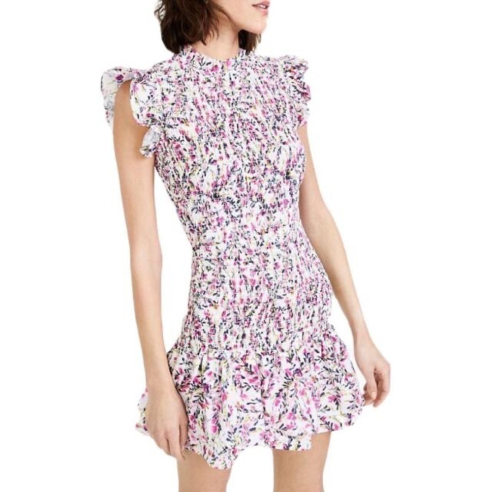 French Connection shirred smocked floral mini flounce dress- Size Large